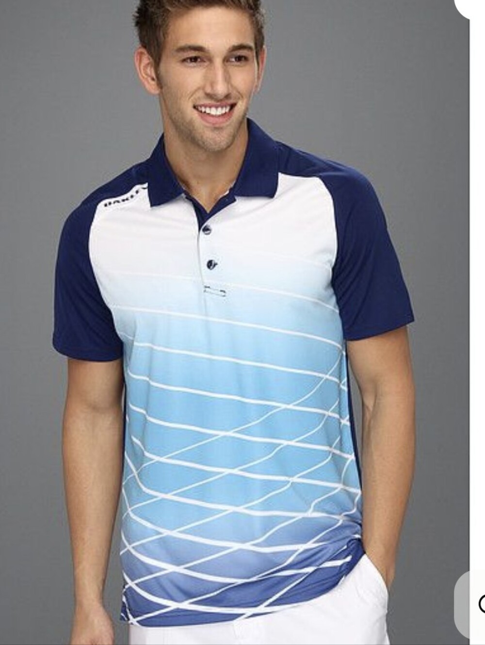 Oakley Men’s Navy and Light Blue Gradient Wave Polo Size Xl